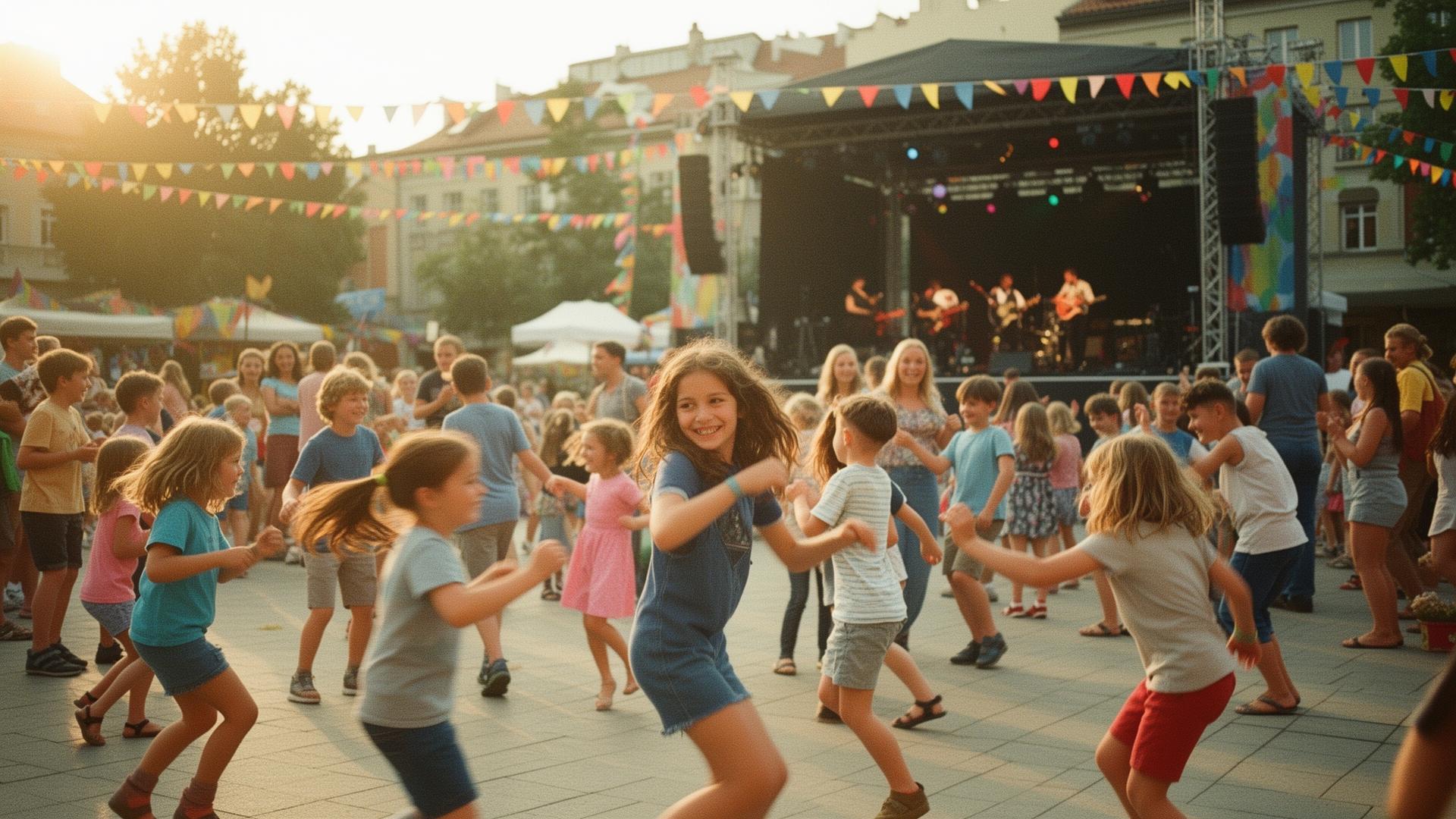 Børn danser til musik på en plads under en festival