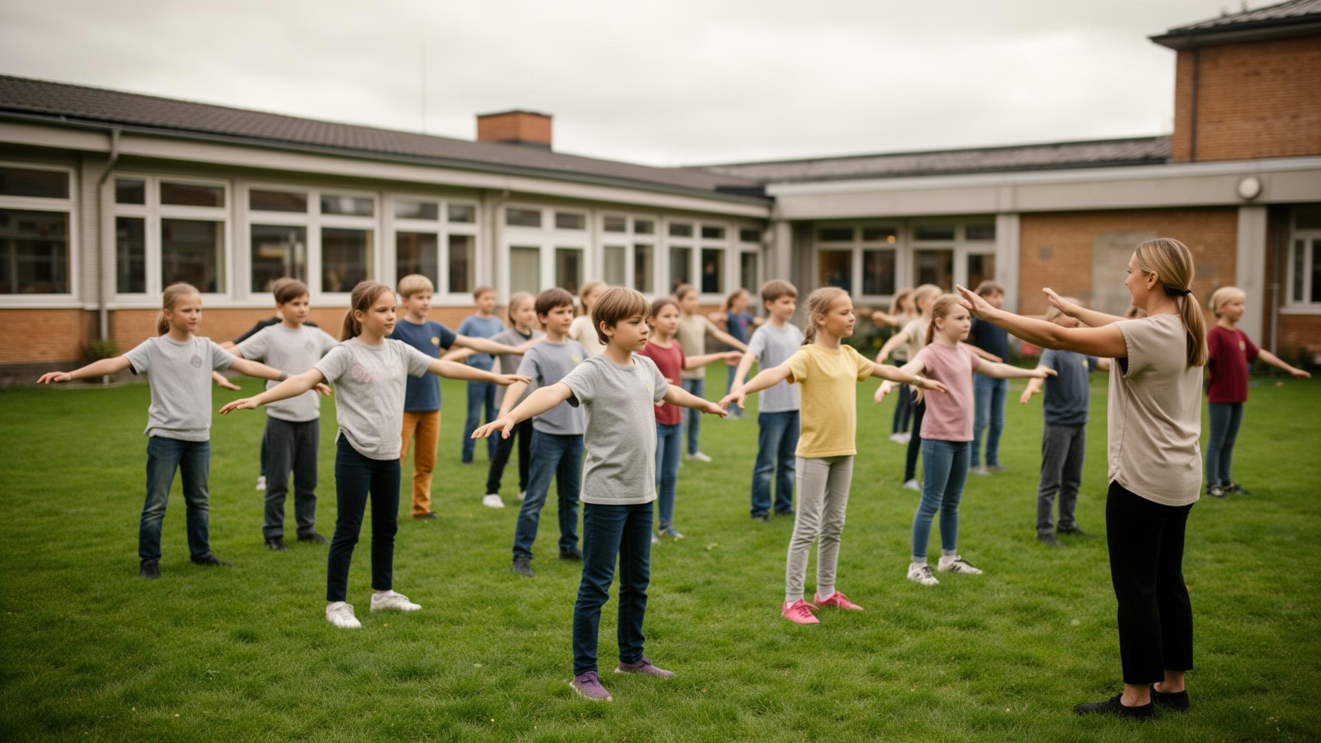 5. klasse arbejder med qigong udenfor skolen på en græsplæne