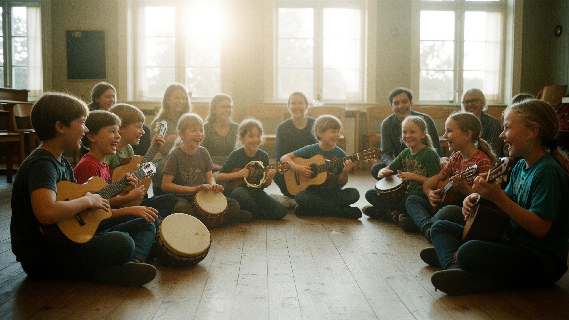 Børn sidder i rundkreds og spiller på guitarer, trommer og tamburiner sammen