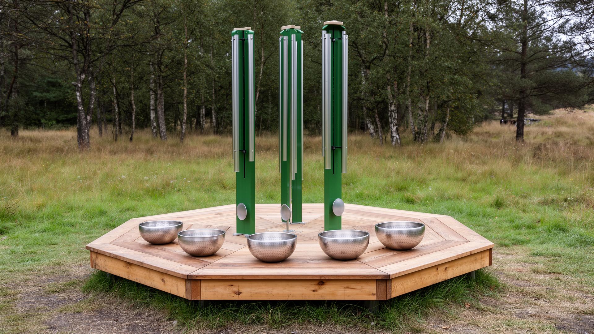 Klangleg Octa — ottekantet lydlegeplads med grønne klangrør og aluminiumsskåle